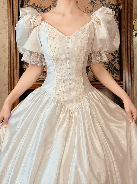 Off‑White Puff Sleeve Vintage Fitted Waist Full Flared Skirt Prom Gown, Wedding Dress gh8593