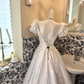 White Puff Sleeve Square Neck Satin Waist-Cinched Fitted Full Flared Romantic Dress, Wedding Gown gh7544