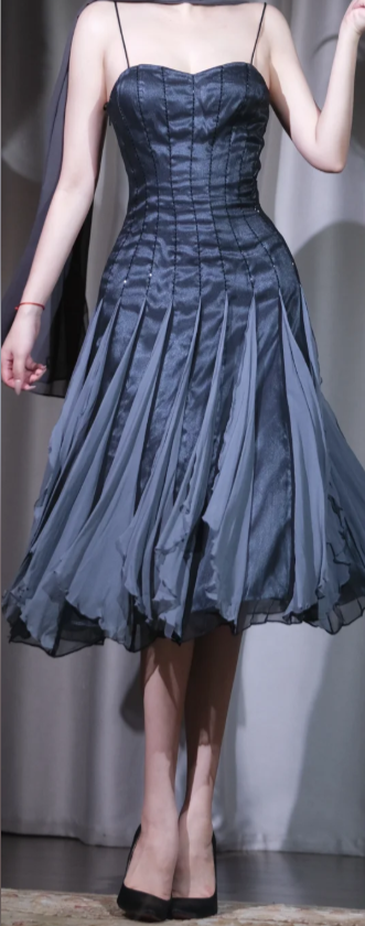 ✨Girlhomeshops-Vintage Midi Prom Dress Sweetheart Spaghetti Strap Chiffon Ruffle Evening Gown gh9962