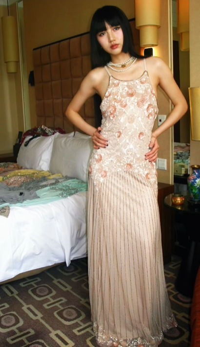 Light Champagne Vintage Beaded Spaghetti Strap Fitted Waist Long Luxury Prom & Evening Party Dress gh8378
