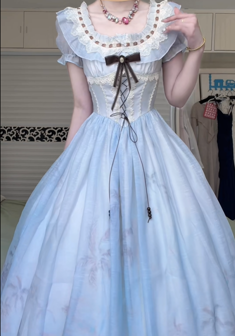 Light Blue Gradient Lolita Court‑Style Long Evening Gown, Square Neck Lace Ruffle Puff Sleeve Corset Lace‑Up Ball Prom Dress gh8996