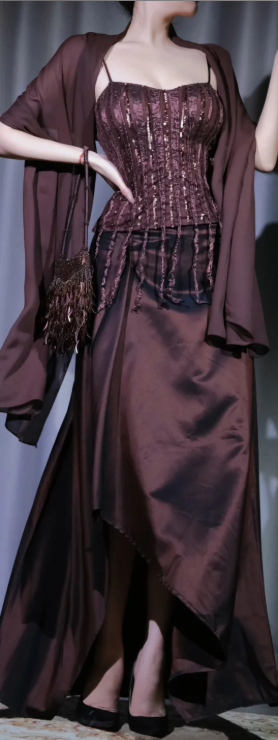 Brown 3 Piece Evening Dress, Fringe Sequin Corset Top Satin High Slit Skirt with Chiffon Shawl gh9907