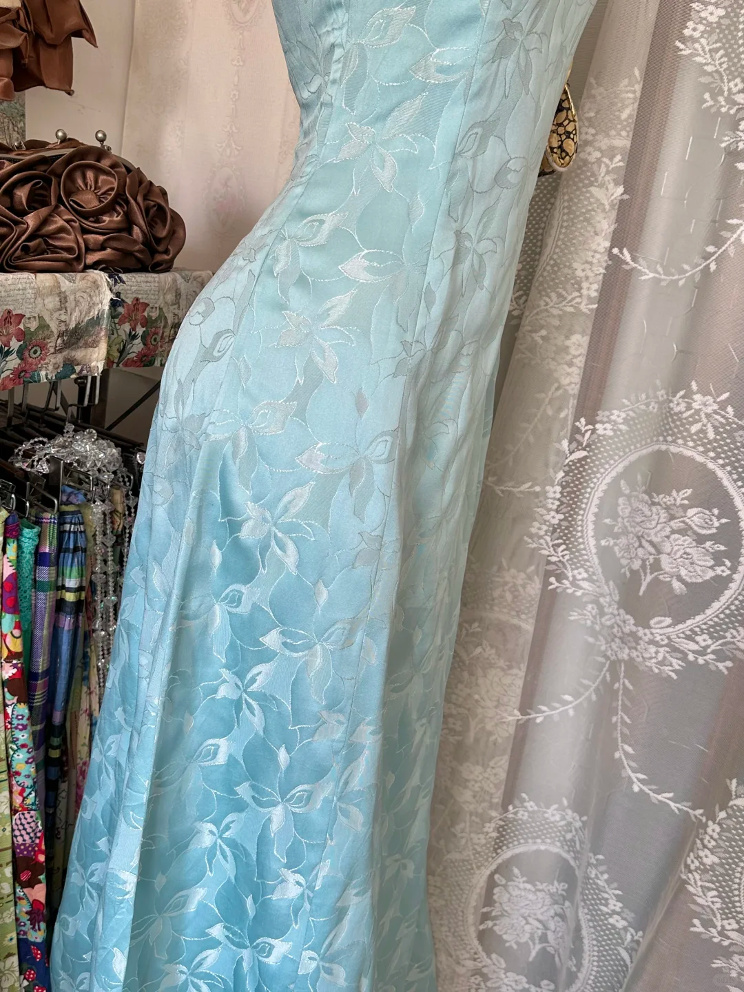 ✨Girlhomeshops-Light Blue Jacquard Vintage A-Line Long Gown Square Neck gh10133