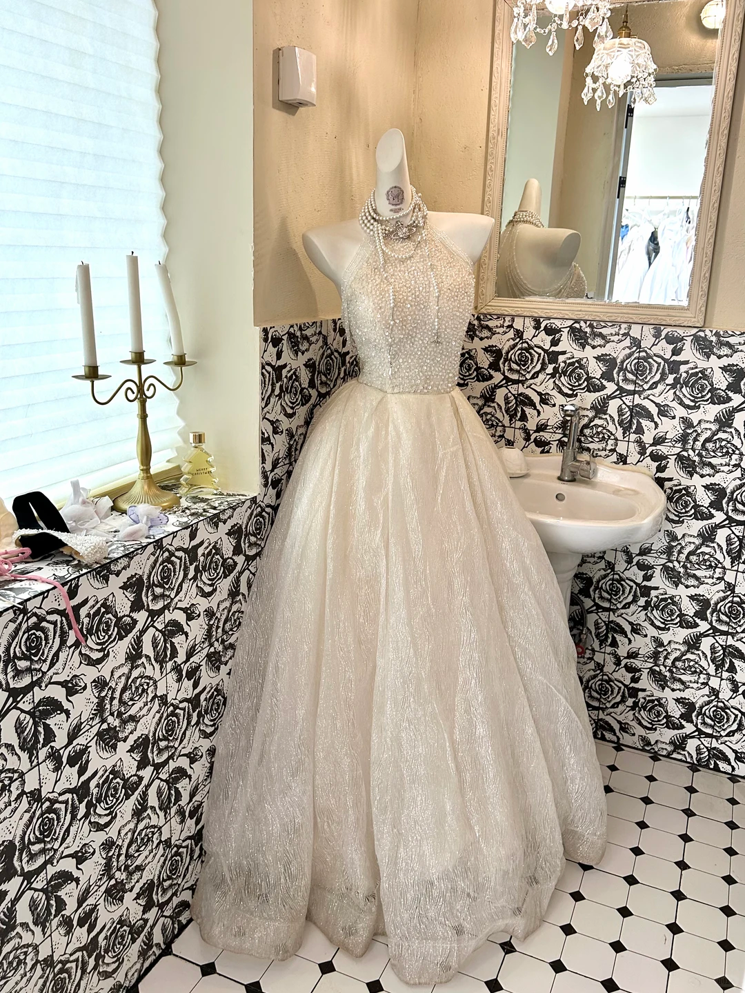 Light Apricot Halter Waist-Cinched Voluminous Skirt Long Romantic Dress, Wedding Gown gh7734