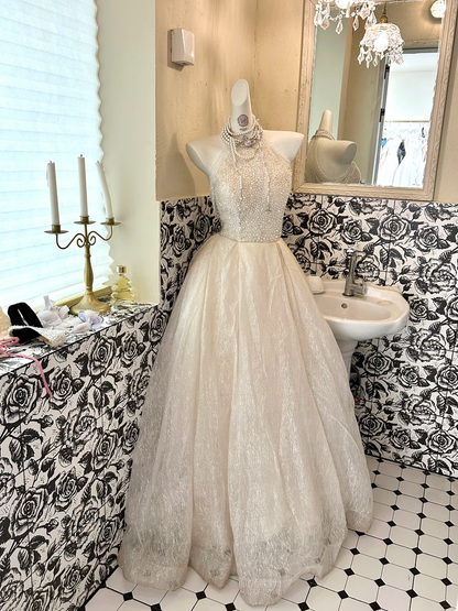 Light Apricot Halter Waist-Cinched Voluminous Skirt Long Romantic Dress, Wedding Gown gh7734