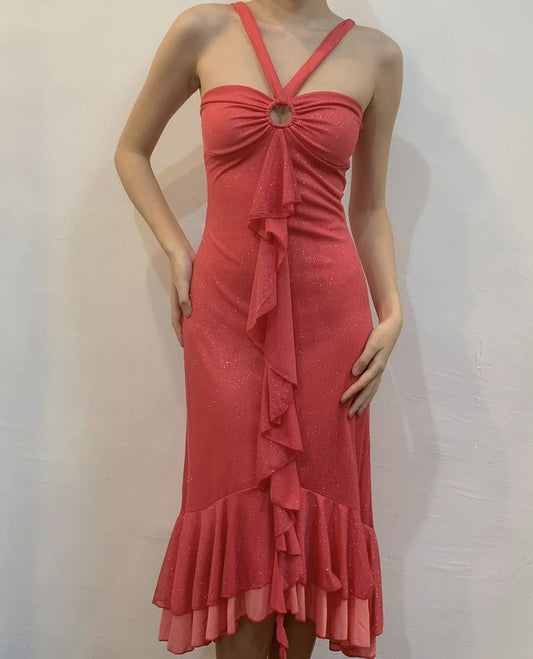 Korallen orange mode sling rüschen lange chiffon elegante ballkleid abendkleid partykleid gh3240