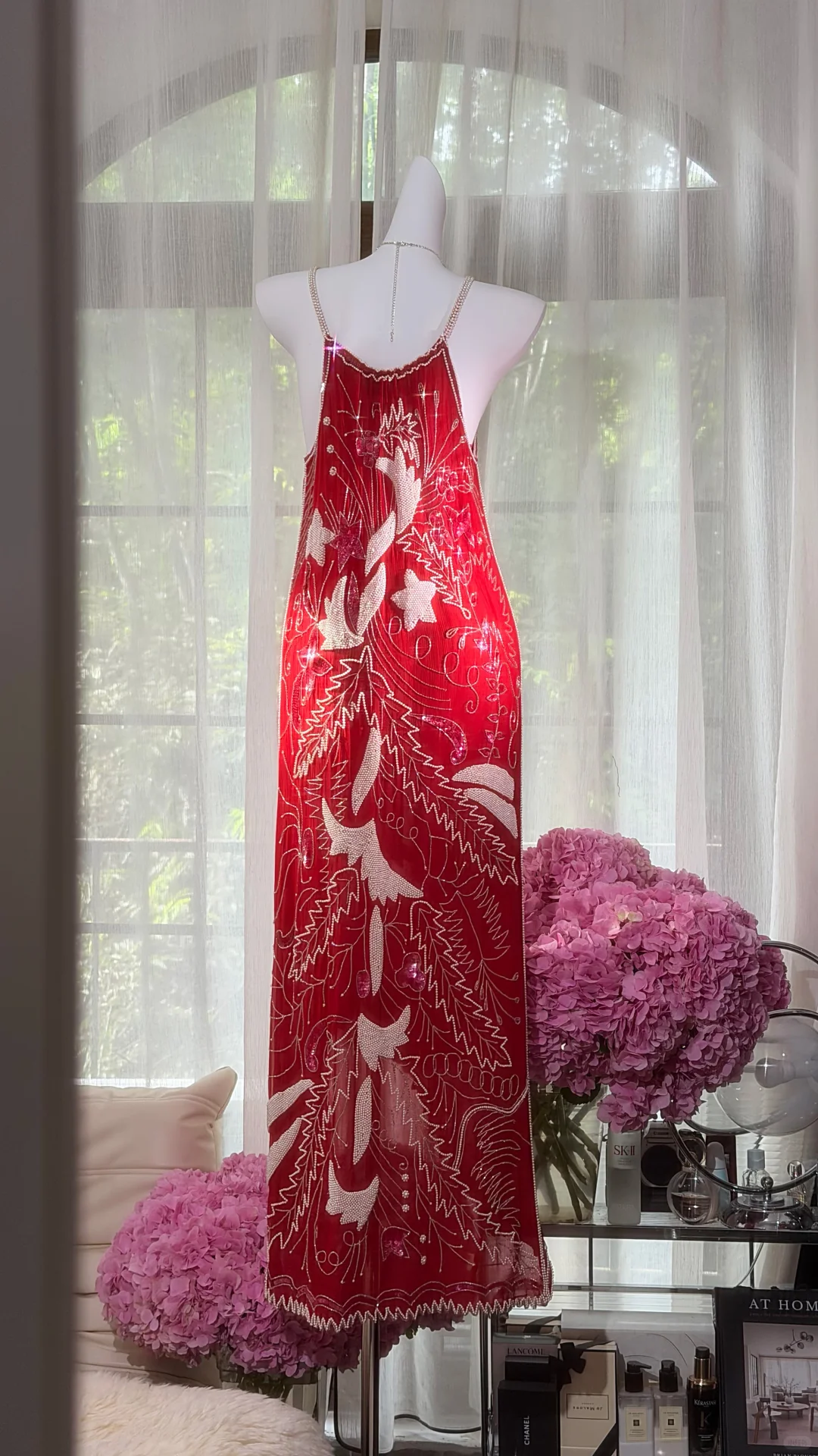 Red Heavy Beaded Sequin Maxi Evening Dress, V Neck Thin Strap Vintage Gatsby Formal Gown, High Slit Embroidered Party Prom Dress gh9490