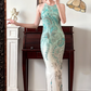 Mint‑Green‑White Ombré Vintage Halter Prom Gown, All‑Over Hand‑Beaded Embroidery, Geometric & Floral Motifs, Fitted Bodycon Mermaid Silhouette, Side High Slit, Evening Prom Dress gh8817