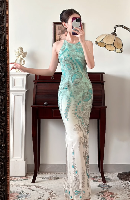 Mint‑Green‑White Ombré Vintage Halter Prom Gown, All‑Over Hand‑Beaded Embroidery, Geometric & Floral Motifs, Fitted Bodycon Mermaid Silhouette, Side High Slit, Evening Prom Dress gh8817