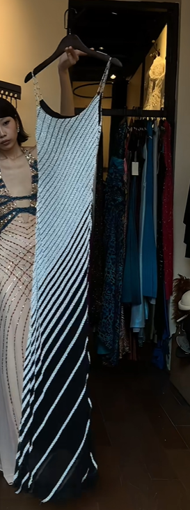 Black White Diagonal Beaded Spaghetti Straps Evening Gown U Neck Hand Beaded Long Formal Prom Dress gh9745