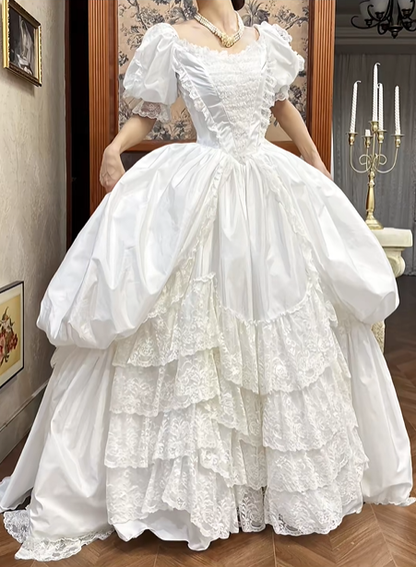 White Vintage Satin Ball Gown Wedding Prom Dress, Square Neck Puff Short Sleeves, Ruffle Trim, Multi‑Tier Lace Cake Hem gh8701