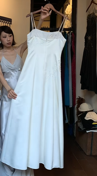 Double Spaghetti Straps White Satin Evening Gown Floral Lace Applique A-Line Long Prom Dress gh9699