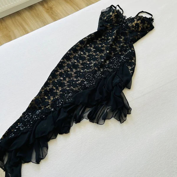 Schwarzes, modisches, exquisites Spitzenkleid mit langen Rüschen, Ballkleid, Abendkleid, Partykleid gh3283