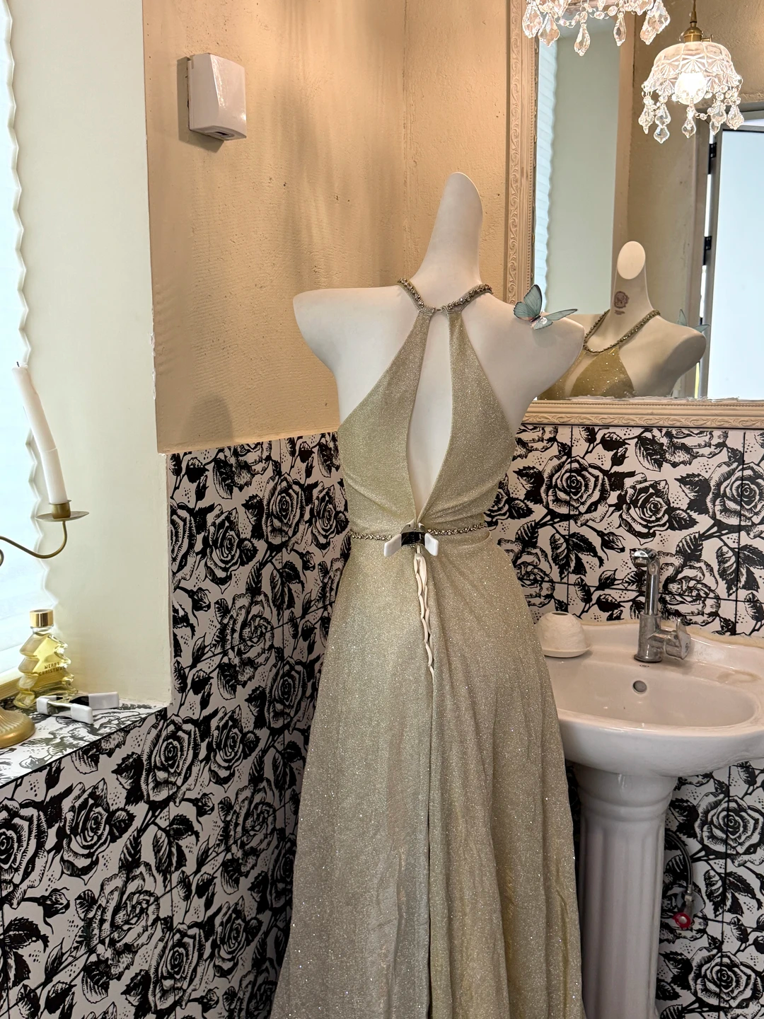 Light Sage Green Halter Waist-Cinched Full Flared Skirt Elegant Romantic Dress gh7609