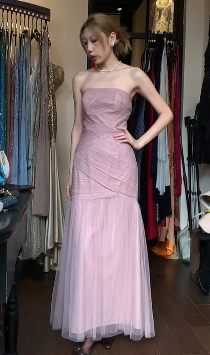 Strapless Dusty Pink Tulle Prom Dress Cross Ruched Bodice Mermaid Formal Evening Gown gh9819