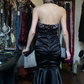 Halter Neck Leopard Print Black Satin Mermaid Evening Gown Ruched Long Prom Dress gh9678