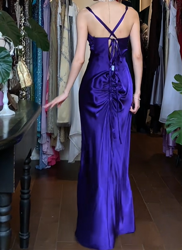 Purple Vintage Prom Dress Double Spaghetti Straps V Neck Rhinestone Beaded Satin Long Evening Gown gh9607