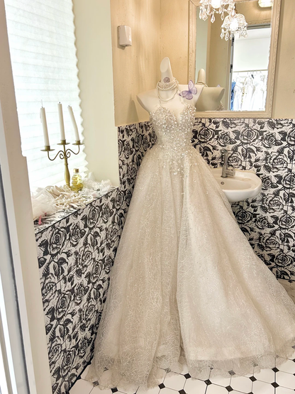 Ivory Strapless Rhinestone Cinched Waist Full Flared Skirt Long Romantic Dress, Wedding Gown gh7812