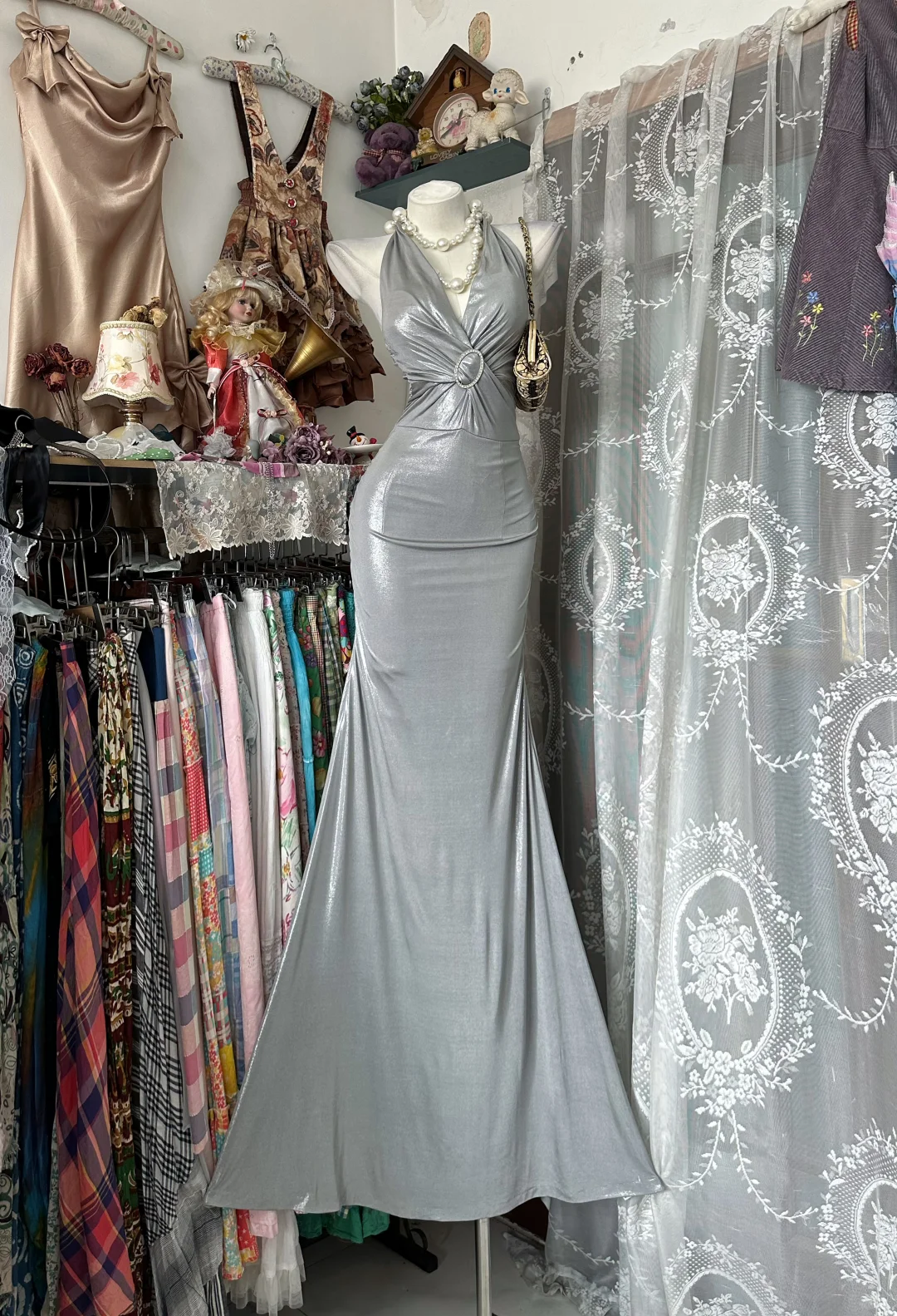 Light Gray Halter Spaghetti Strap Fitted Waist Retro Long Ball Gown Evening Dress gh7116