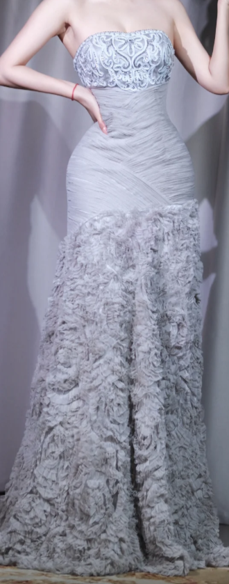 ✨Girlhomeshops-Light Grey Strapless Mermaid Evening Dress Lace 3D Floral Ruffle Prom Gown gh10044