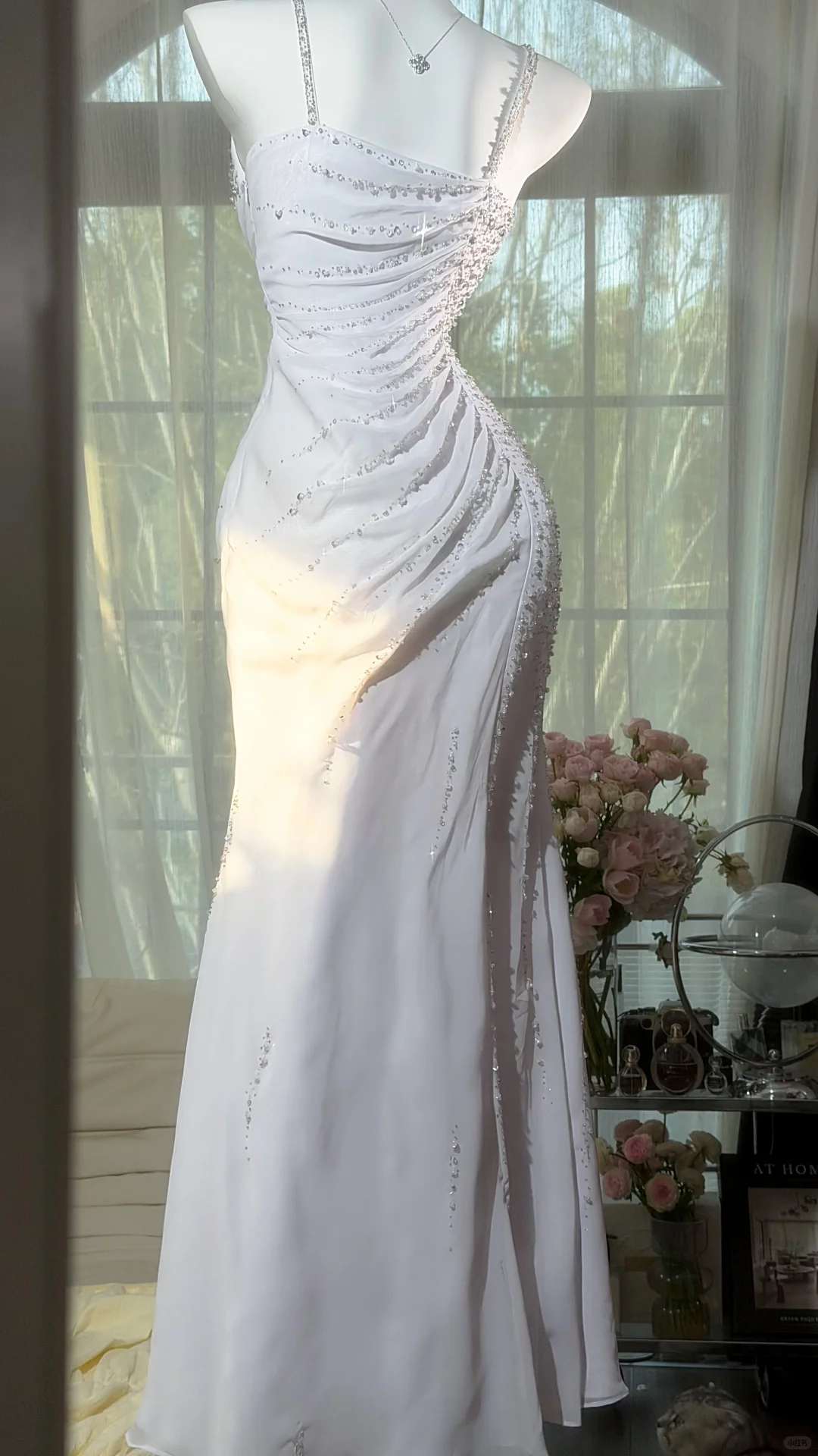 White V-Neck Sleeveless Heavy Beaded Ruched Mermaid Evening Dress, Prom Gown gh9518