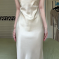 Champagne Satin Long Evening Gown, Asymmetrical Draped Neckline, Single Thin Strap, High Side Slit, Fitted Column Maxi Dress gh8935
