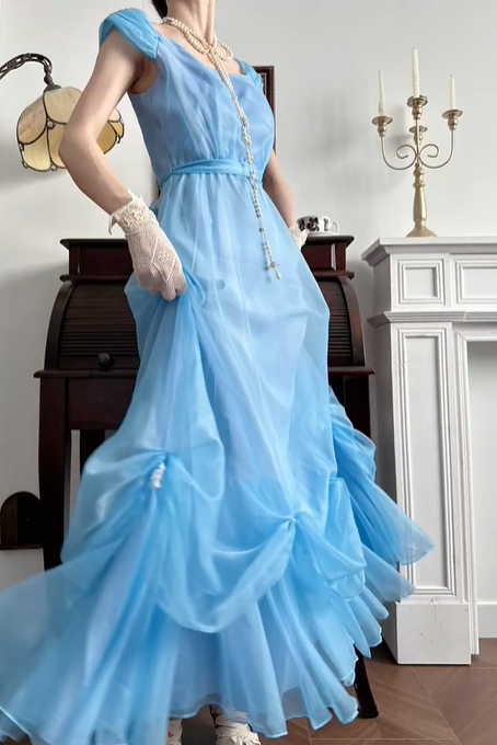 Sky‑Blue Vintage Chiffon Prom Gown, Square Neck Cap Puff Short Sleeves, Matching Thin Sash Waistband, Flowy Full‑Length Skirt With Gathered Knot Skirt Details, Floor‑Length Evening Prom Dress gh8794