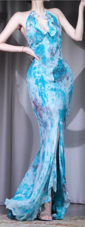 ✨Girlhomeshops-Halter Blue Tie Dye Mermaid High Slit Rhinestone Long Evening Dress gh10003