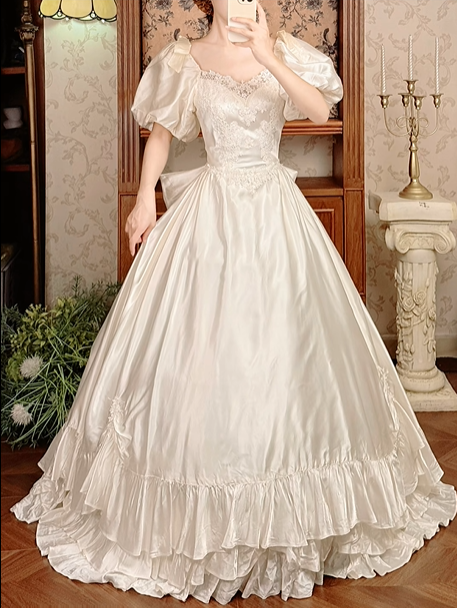 Long Prom & Wedding Dress, Off‑White With Puff Sleeves, Fitted Waist, Full Flared Skirt gh8608