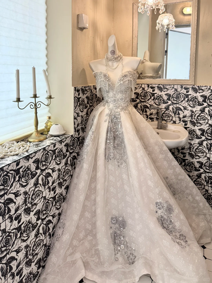 Ivory Strapless Tassel Silver Beaded Waist-Cinched Fitted Full Flared Romantic Dress, Wedding Gown gh7516