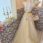 Light Yellow Strapless Cinched Waist A-Line Skirt Long Romantic Dress, Wedding Gown gh7825