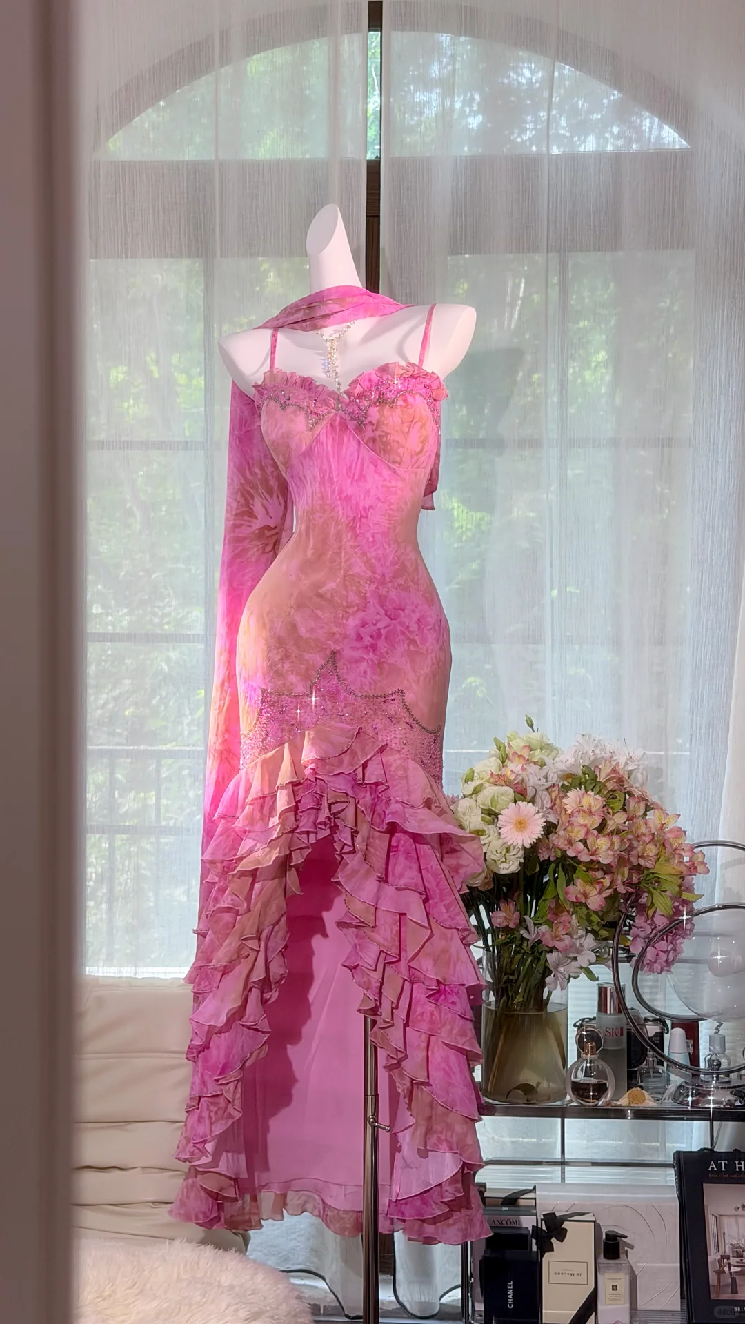 Pink Tie Dye Spaghetti Strap Mermaid Prom Dress, Ruffled Slit Skirt with Rhinestones, Matching Chiffon Shawl Evening Gown gh9499