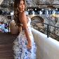 Blaues, bezauberndes Blumenmuster, A-Linie, Spaghettiträger, langes Ballkleid, Partykleid, Abendkleid gh3009