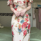 Vintage Floral Print Off‑Shoulder Spaghetti Strap Mermaid Evening Gown, Ruffle Neck Flowy Chiffon Formal Prom Dress gh9009