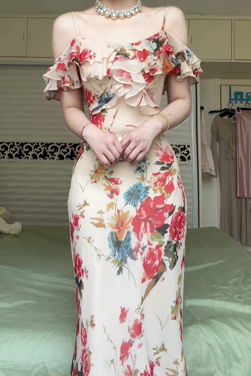 Vintage Floral Print Off‑Shoulder Spaghetti Strap Mermaid Evening Gown, Ruffle Neck Flowy Chiffon Formal Prom Dress gh9009