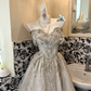 Ivory Strapless Gown with Silver Embellishments, Waist-Cinched Full Flared Vintage Romantic Dress, Wedding Gown gh7552