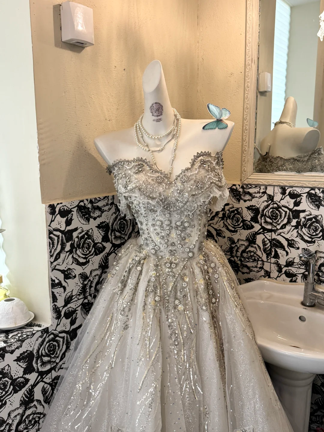 Ivory Strapless Gown with Silver Embellishments, Waist-Cinched Full Flared Vintage Romantic Dress, Wedding Gown gh7552