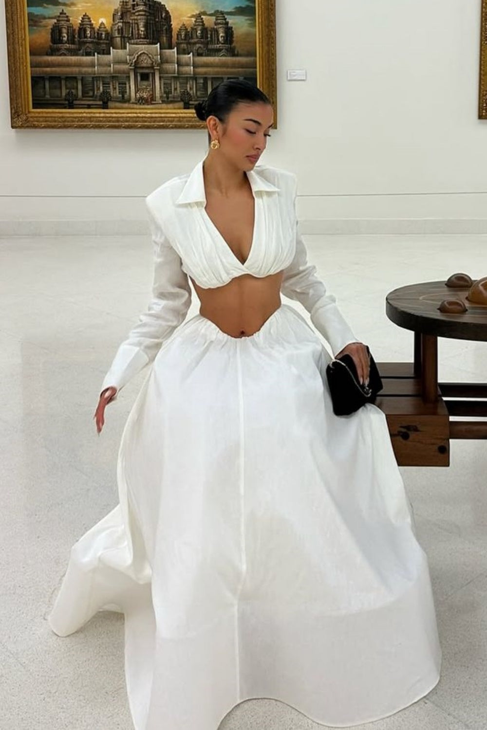 Chic Luxury Edgy Style Cutout Set Dress | White Shirt-Style Bandeau + Ballgown Maxi Skirt for Art Exhibition Gala Luxury Social Outfit gh6437