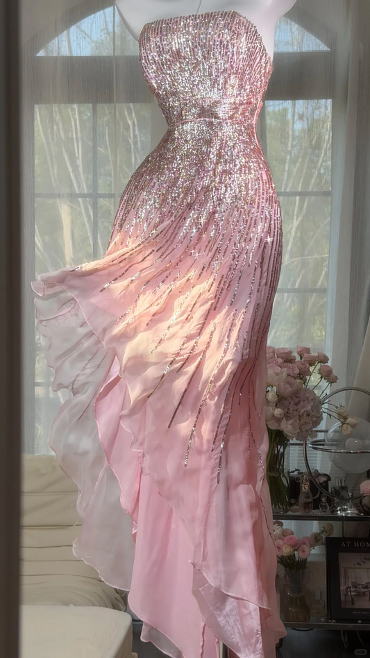 Pink Strapless Vertical Heavy Beaded Irregular Ruffle Mermaid Evening Dress, Prom Gown gh9521