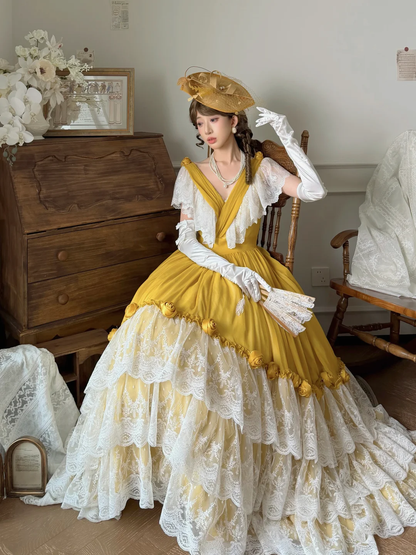 Vintage Yellow V-Neck White Lace Fitted Waist Tiered Cake Skirt Prom & Evening Party Dress gh8495