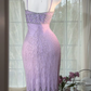 Lavender V-Neck Spaghetti Strap Vintage Geometric Beaded Bodycon Midi Evening Dress gh9523