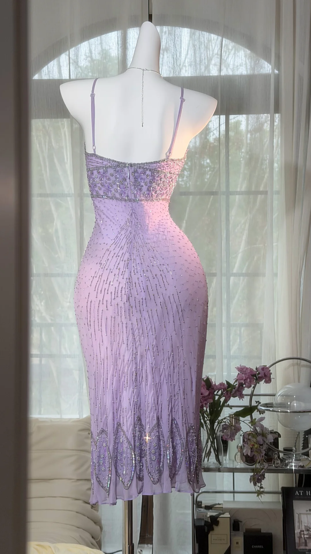 Lavender V-Neck Spaghetti Strap Vintage Geometric Beaded Bodycon Midi Evening Dress gh9523
