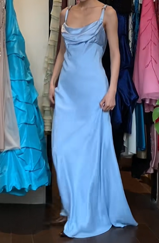 Light Blue Satin Prom Dress Cowl Neck Rhinestone Straps Column Long Evening Gown Bridesmaid Dress gh9623