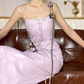 Lavender Faux‑Leather Slip Midi Gown, Sweetheart Neckline, Front Lace‑Up Corset Detail, Side 3D Fabric Rose Appliqués, Seamed Fitted Waist, Bodycon Midi Dress, Retro Edgy Party Photoshoot Evening Dress gh8863