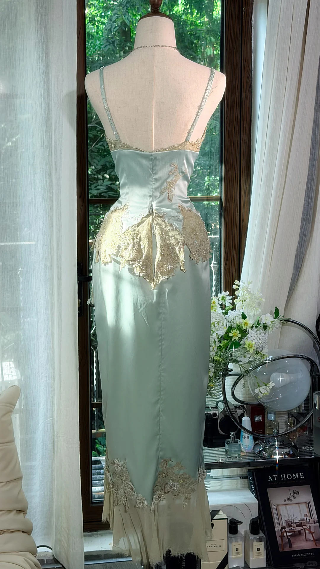 Sage Green Satin Spaghetti Strap Midi Mermaid Evening Dress, Gold Lace Floral Appliques Formal Gown gh9504