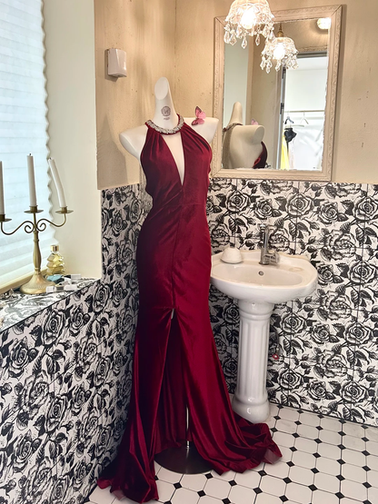 Burgundy Halter Waist-Cinched Slim Fit Mermaid Sexy Long Romantic Dress, Wedding Gown gh7619