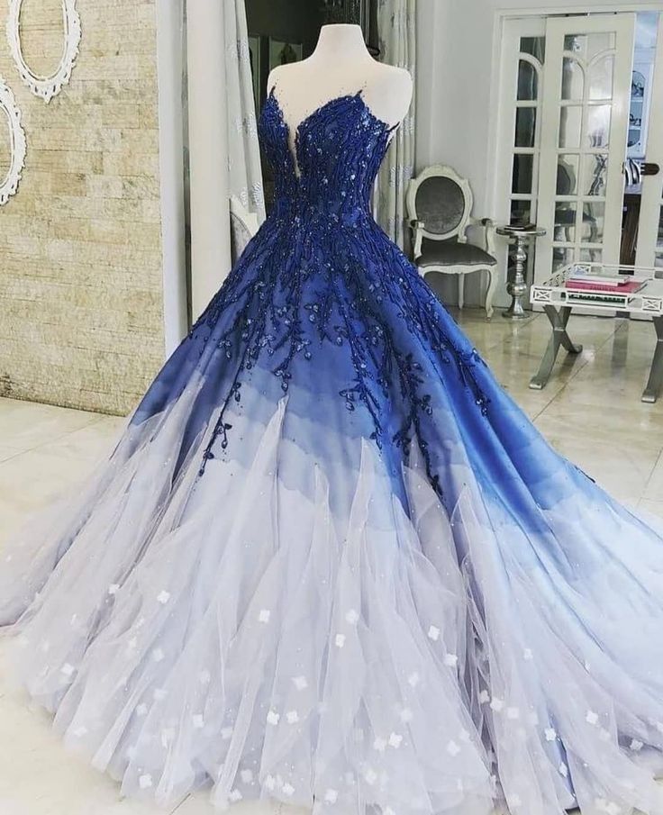 Blaues, glänzendes, elegantes V-Ausschnitt-Applikations-Farbverlaufs-Langballkleid, Ballkleid, Abendkleid, Zeremoniekleid für Erwachsene, gh3104