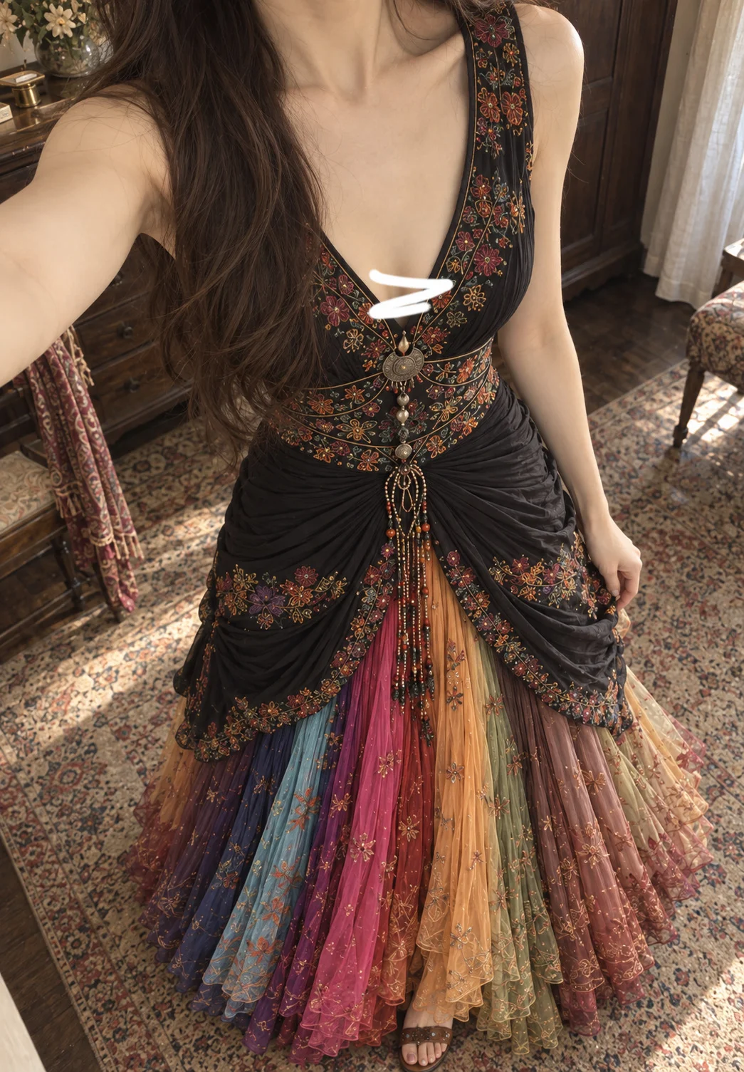 ✨Girlhomeshops-Boho V Neck Floral Embroidered Rainbow Gradient Ruffle Tulle Long Dress gh10286