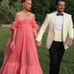 Pink Fashion Long Ruffle Neck Chiffon Formal Prom Dress Evening Dress Wedding Guest Dress gh3072
