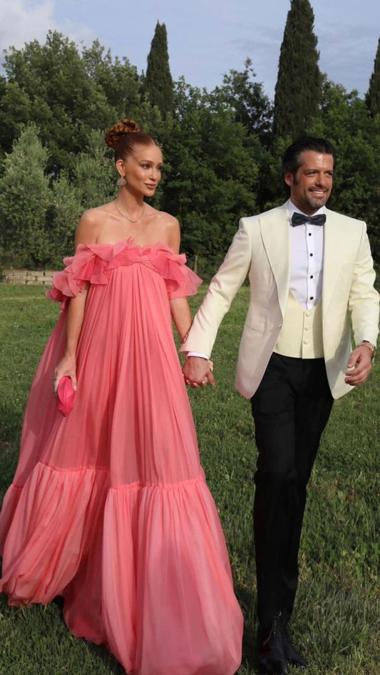Robe de soirée longue à volants en mousseline de soie rose à la mode, robe de soirée formelle, robe d'invité de mariage gh3072
